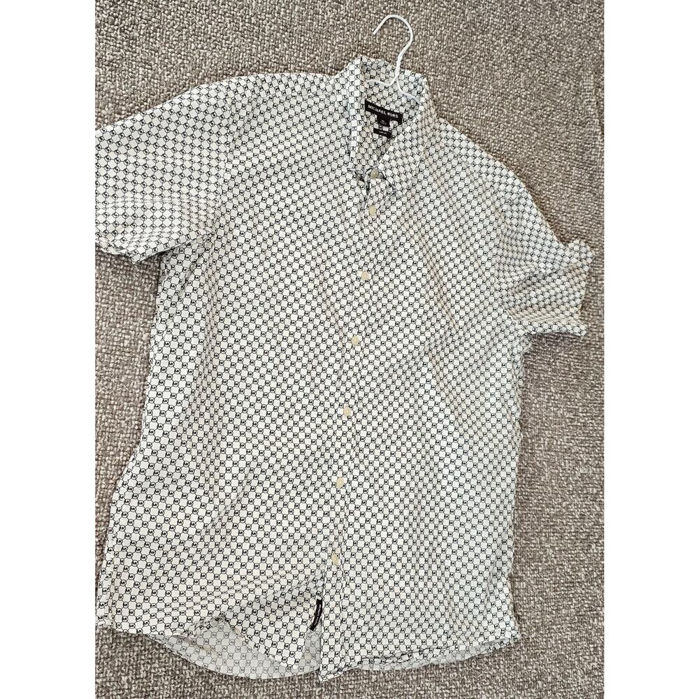 Michael Kors Mens Button Down Short Sleeve Slim Fit Shirt MK Logo Monogram White